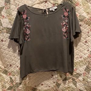 Olive green embroidered front flutter sleeve top
